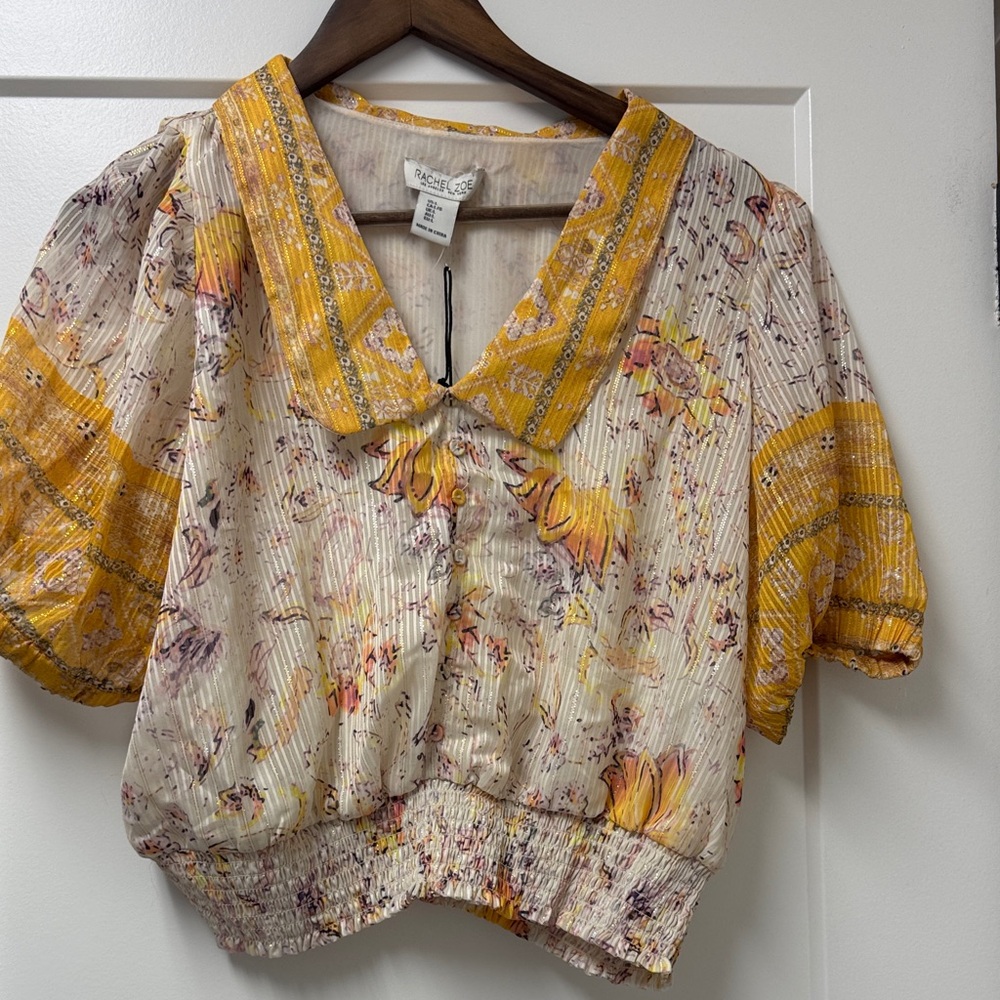 Rachel Zoe Cream and Yellow Floral Puff-Sleeve Blouse